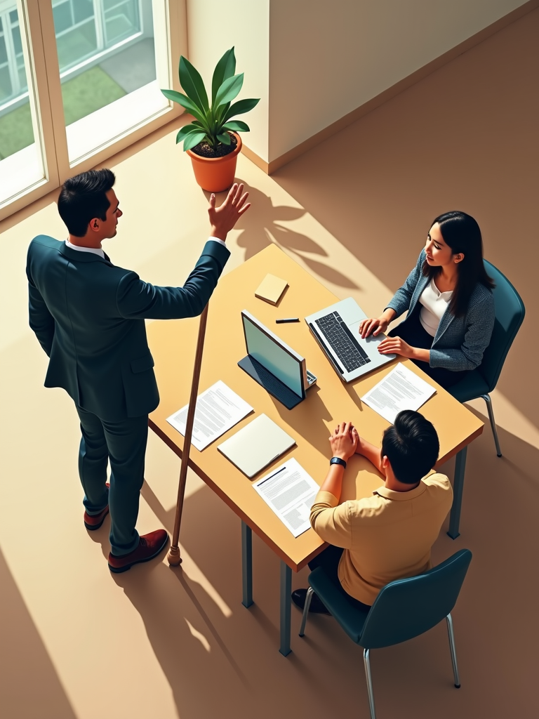 Three people are engaged in a business meeting in a bright, sunlit office, with one standing and two seated around a table with laptops and documents.