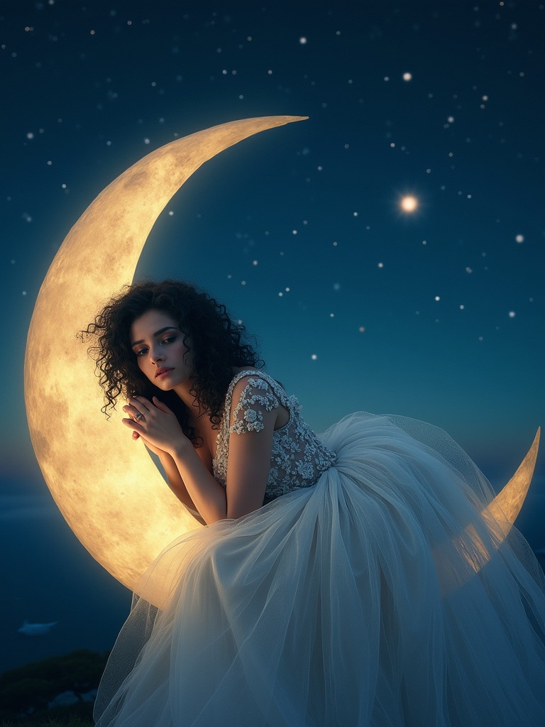 Night scene with a woman resting on a glowing crescent moon. Woman has curly dark hair. She wears an elaborate flowing gown. Stars twinkle in the indigo sky. The atmosphere feels mystical and tranquil.