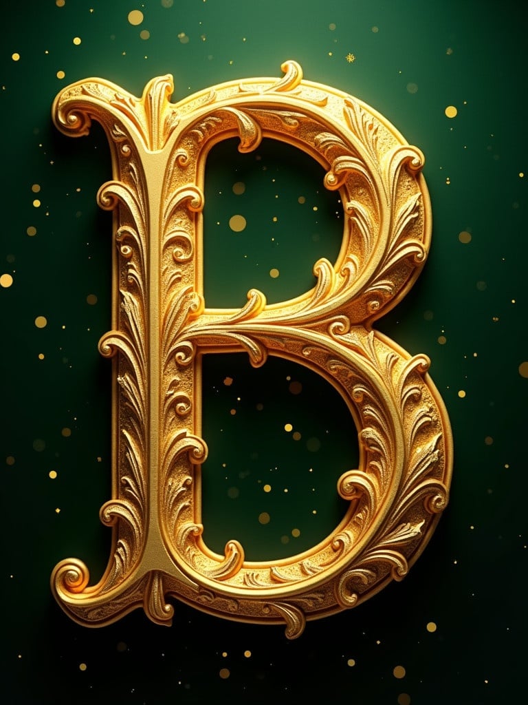 Richly embellished golden letter B with intricate designs set against dark green background with glowing particles.