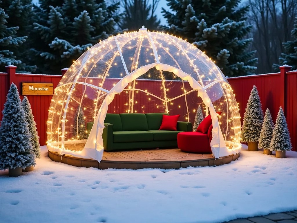 The image shows a beautifully decorated igloo-shaped gazebo in a snowy setting. It features warm golden lights strung across its transparent structure, creating a cozy atmosphere. Inside, there is a green couch and a red chair, inviting relaxation. Surrounding the gazebo are small evergreen trees, enhancing the winter theme. The vibrant red fence in the background adds a pop of color, making the scene festive and inviting.