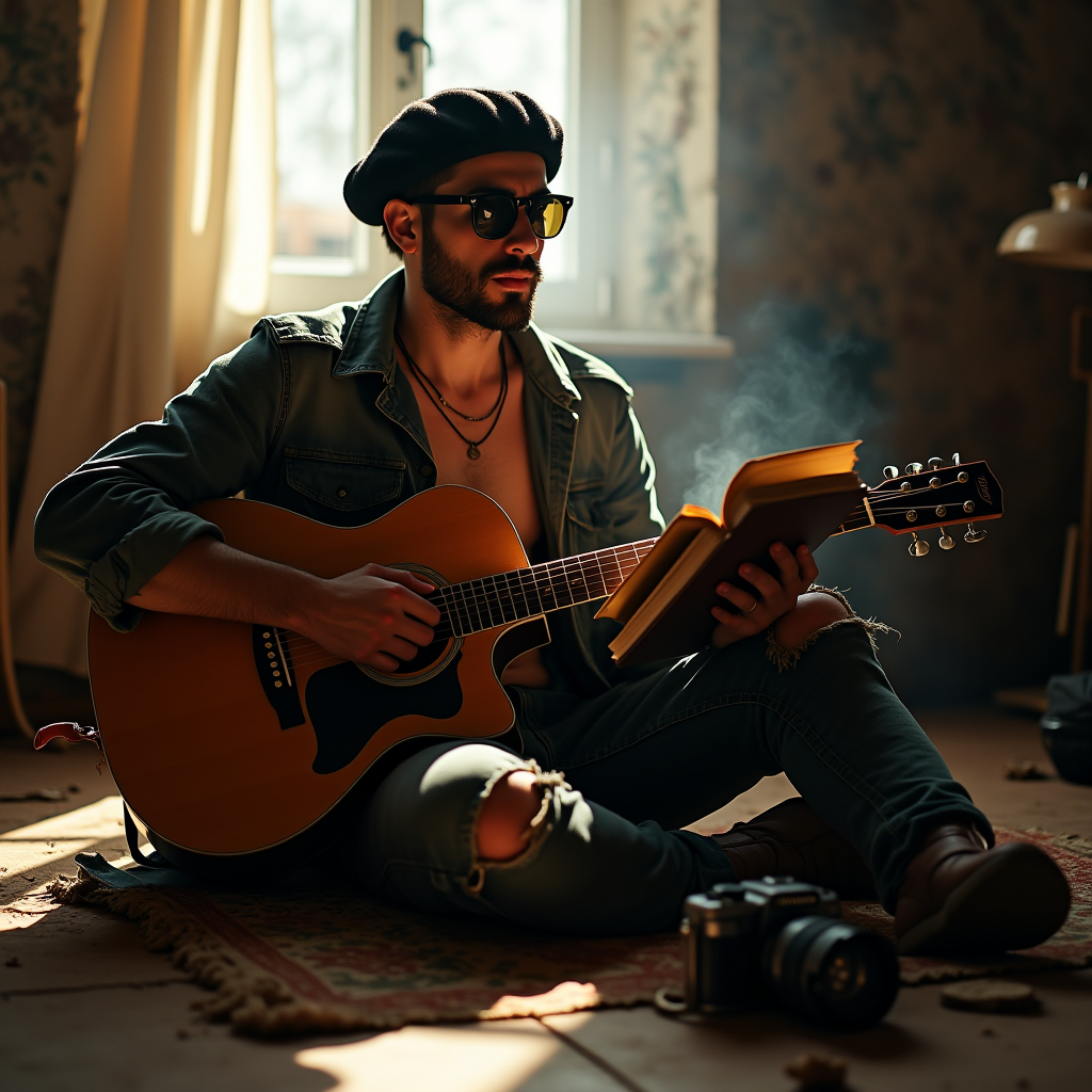 A man in a beret plays guitar while reading, sitting on the floor in a sunlit room.