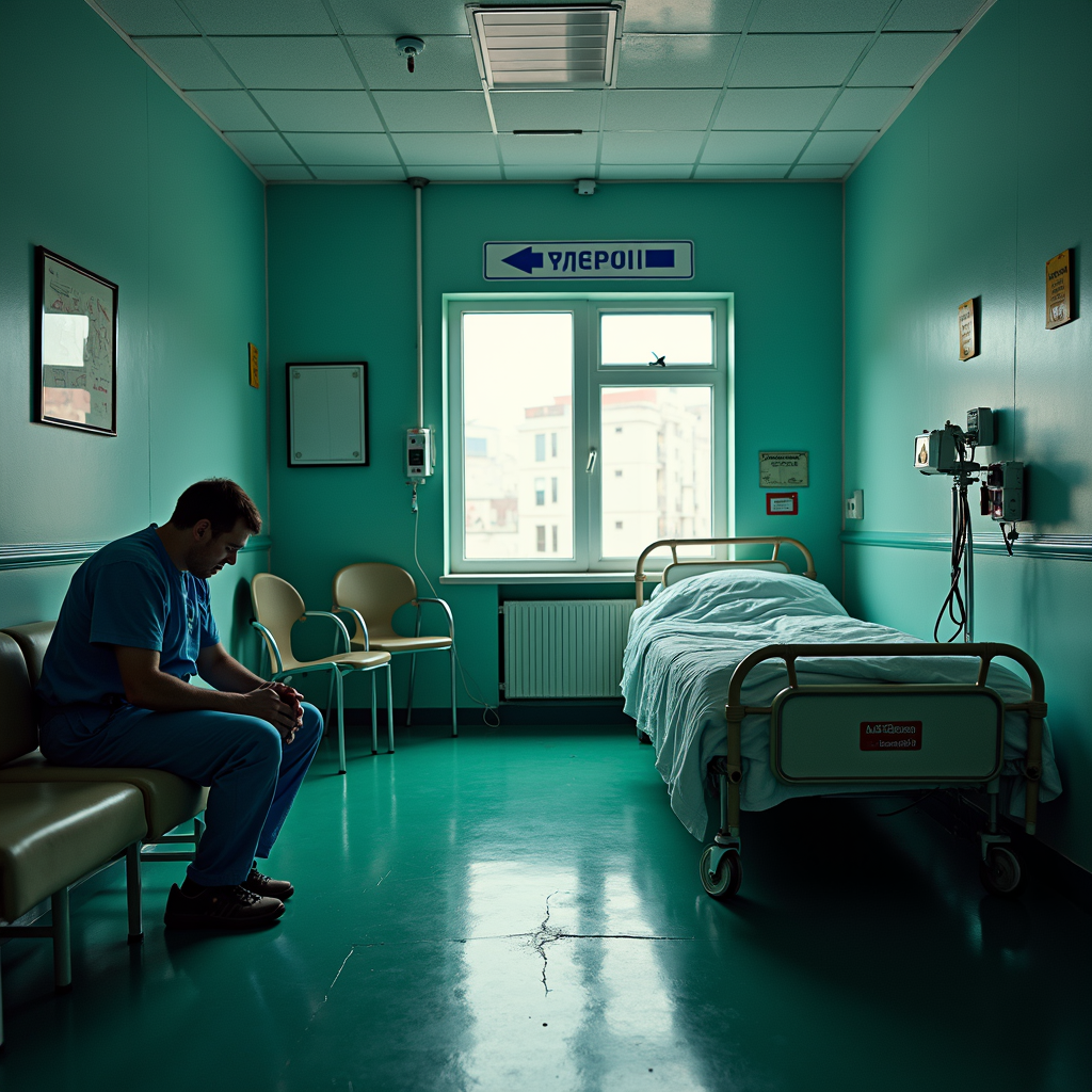 A solitary figure in scrubs sits pensively in a dimly lit, empty hospital room with a single bed.