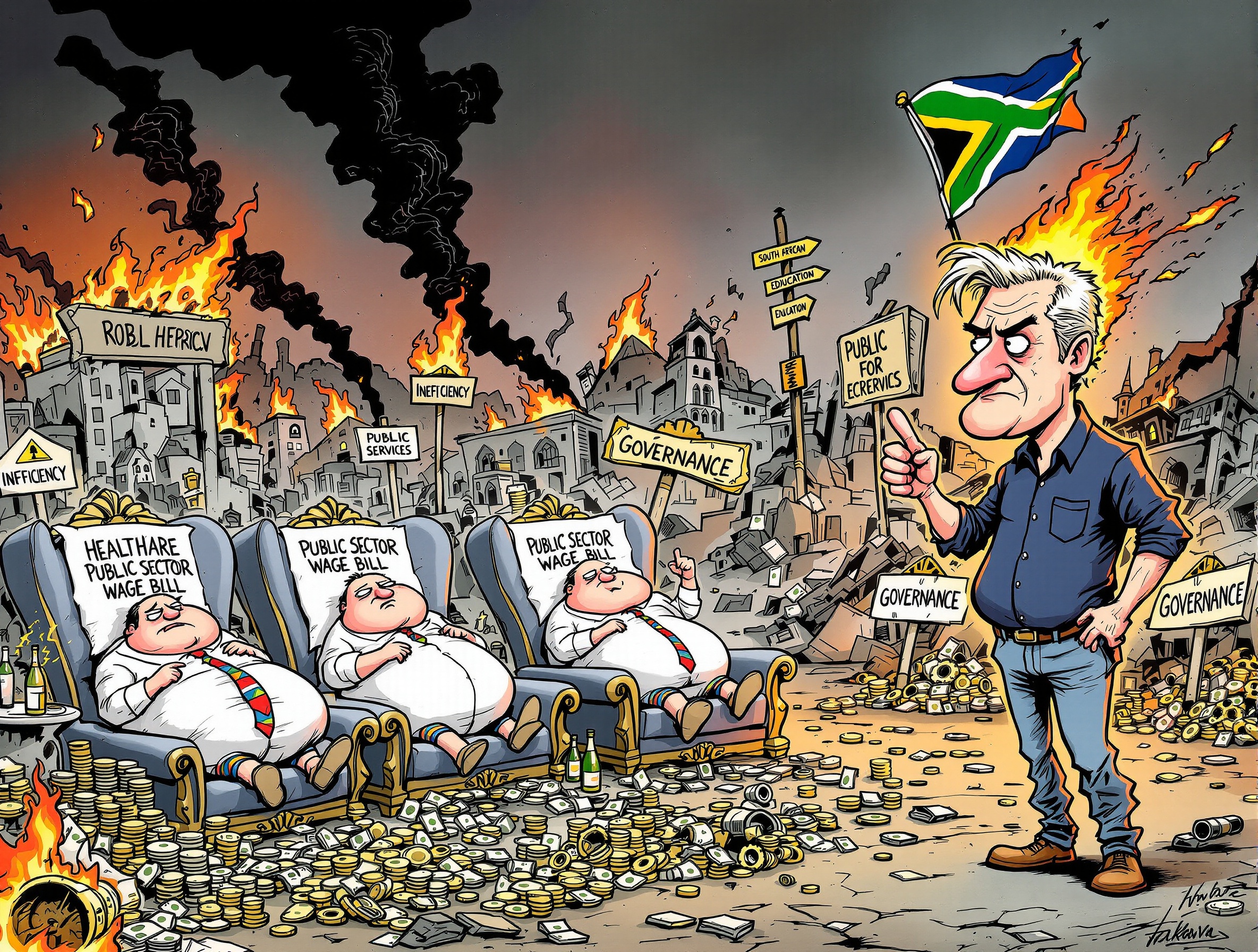 Satirical cartoon depicting the failure of South African governance with Rob Hersov confronting bureaucrats while South Africa burns. Rob Hersov stands assertively, pointing decisively at the bureaucrats lounging in lavish chairs labeled ‘Public Sector Wage Bill.’ Bureaucrats have exaggerated features, showing smug expressions while surrounding piles of money and luxury items. The background features flames, black smoke, and a crumbling infrastructure with signs labeled ‘Healthcare,’ ‘Education,’ and ‘Public Services.’ A partially burning South African flag completes the scene. Bold lines, bright colors, and an exaggerated caricature style enhance the satire.