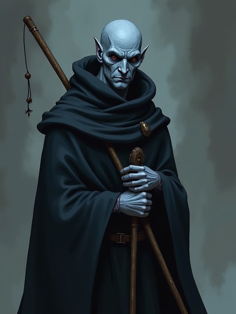 Half Drow male character with pale darkish blue skin wearing dark black cloak. Character holds a sling in his hands. Atmosphere is dramatic with a moody background.