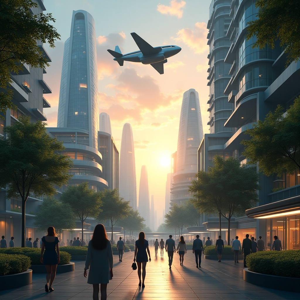 Futuristic urban landscape featuring tall buildings and people walking at sunset. Airplane flying above. Vibrant atmosphere. Modern architecture and people in professional attire.