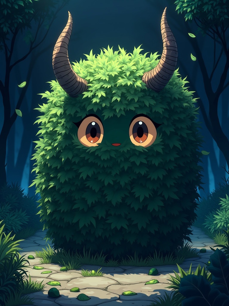 Nighttime scene with a bush resembling a figure with horns. Features blend with foliage. Large expressive eyes and intricate textures on horns. Surrounded by fallen leaves and shadows. Vibrant colors and magical atmosphere.