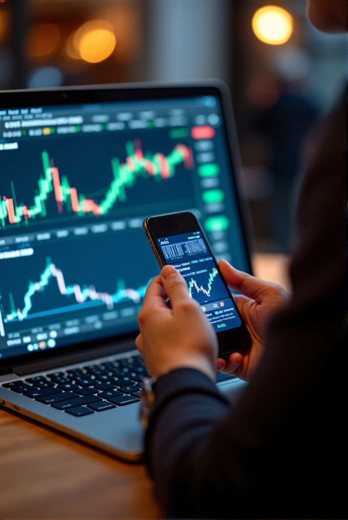 A person engages in stock trading using a laptop and a smartphone, displaying financial graphs.