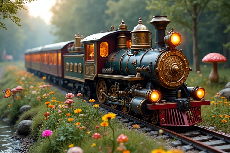 Detailed steampunk-style train scene. Train rides on tracks along a gentle curve. Scene features serene river surrounded by a meadow. Meadow is dotted with vibrant wildflowers and colorful mushrooms. Railroad showcases intricate metalwork steam pipes gears clock hands. Train has ornate doors with floral carvings inside brass wheels glowing softly. Morning sun casts a gentle light. Clusters of wildflowers and butterflies flutter around. Quaintly decorated glowing mushrooms present. All elements combine to create a visually stunning image.