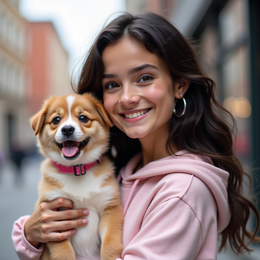 A young woman holding a happy puppy in a city street, both looking at the camera with bright smiles.