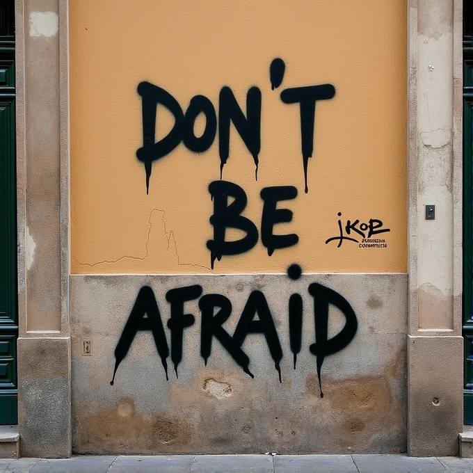 A wall with bold black graffiti reading 'DON'T BE AFRAID' in capital letters on a warm, sand-colored background.