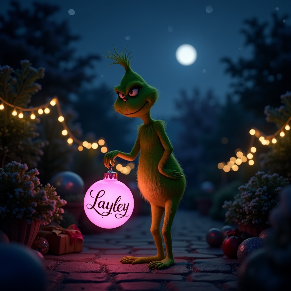 Scene shows Grinch in a night garden holding glowing pink Christmas bauble with Layley in elegant script. Twinkling lights create a festive atmosphere.