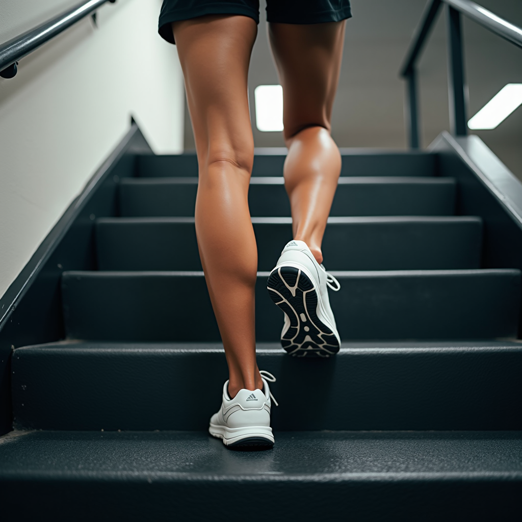 A person in white sneakers is energetically climbing a staircase, showcasing toned leg muscles and an athletic presence in a brightly lit indoor setting.