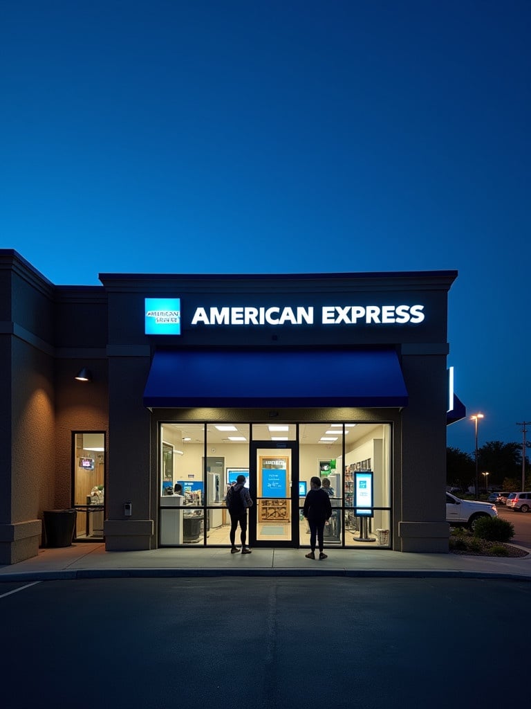 American Express credit union building features a drive-thru service. Building has clear blue sky in background. Customers are present outside. Night view with visible lighting.