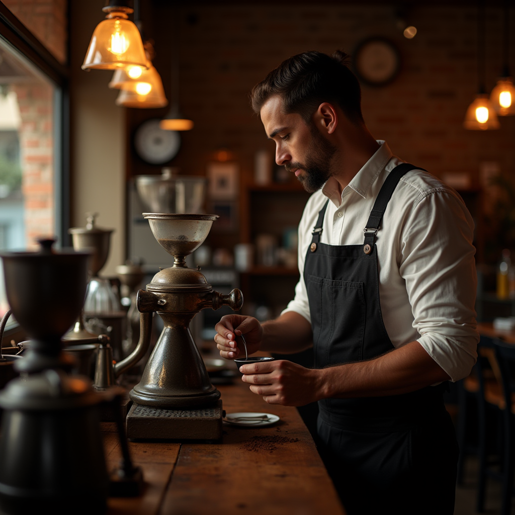 The image captures a barista in a warmly lit coffee shop, focused intently on his work. He is wearing a white shirt and a dark apron, indicative of a professional at work in a cozy, aesthetically pleasing environment. The barista is using a vintage, large metal coffee grinder on a wooden counter to prepare coffee beans. Several similar coffee grinders are visible around him, enhancing the rustic charm of the place. Soft, ambient lighting from overhead lamps complements the setting, creating a warm and inviting atmosphere. The background features shelves with various coffee-making accessories, adding to the authenticity of the coffee shop experience.