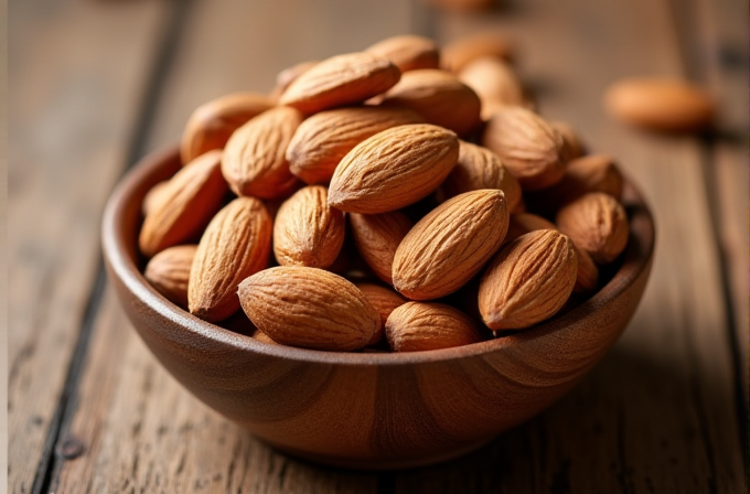 A wooden bowl filled with almonds sits on a rustic wooden table.