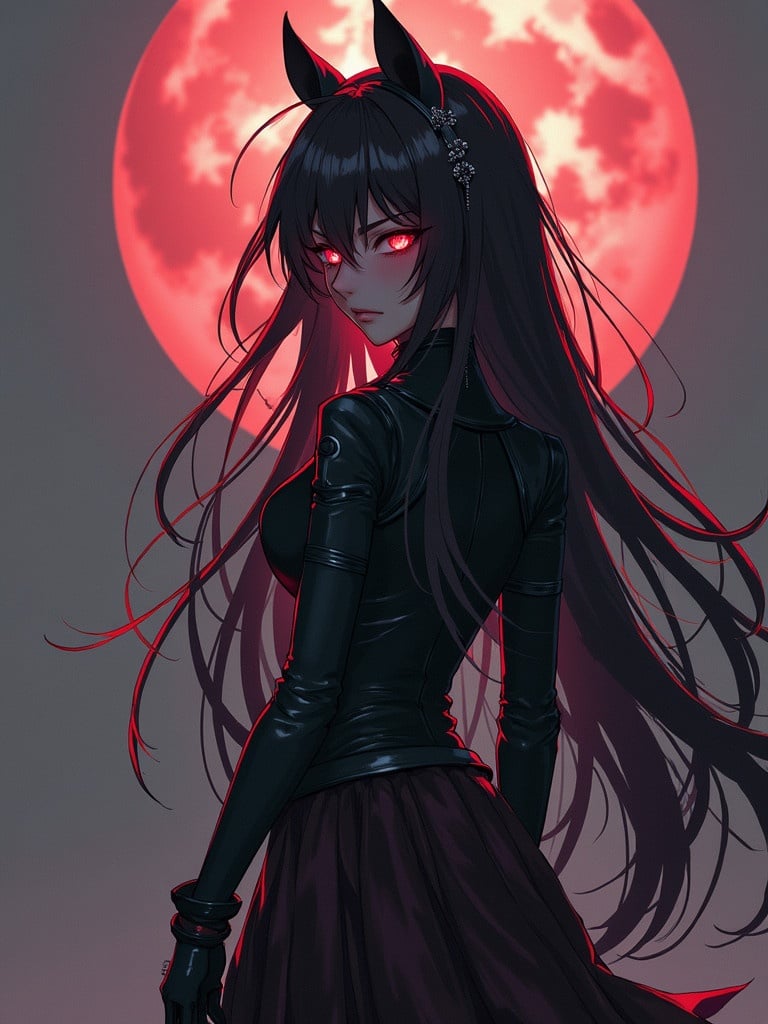 Anime character wearing black leather outfit with long dark hair. Character stands in front of a large red moon. Background fades to gray. Hair and outfit flow elegantly. Character appears mysterious.