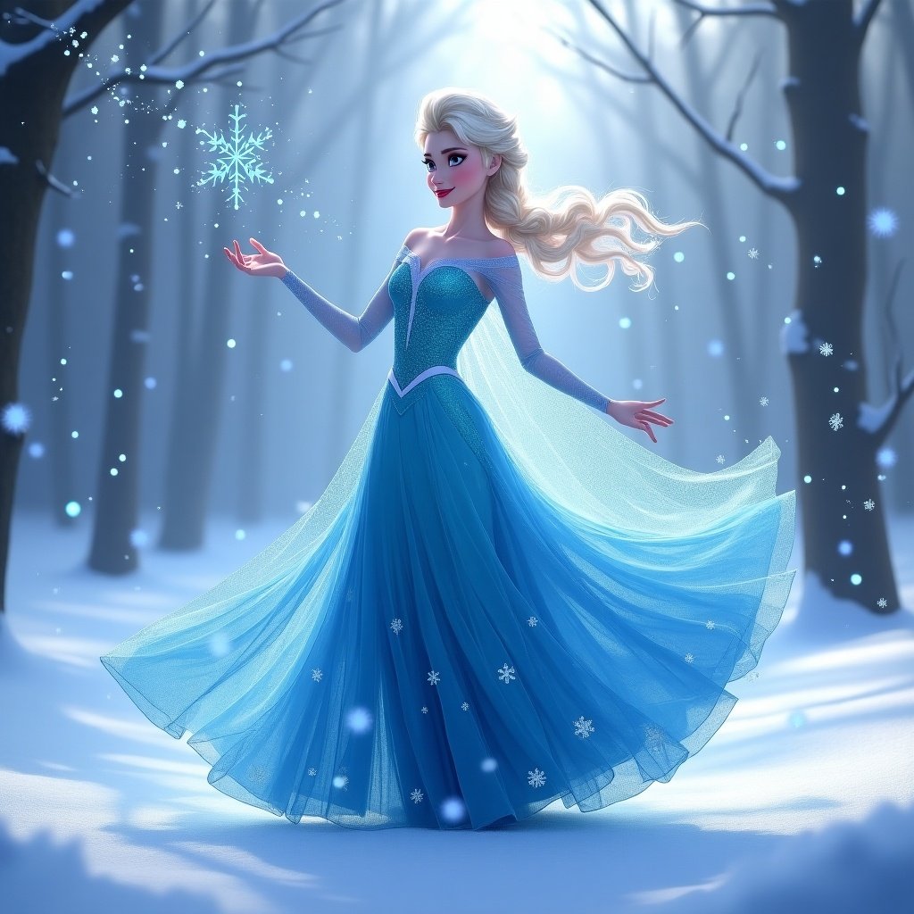 Elsa from Disney's Frozen in a winter setting. Wearing a blue dress. Serene snowy landscape. Playfully dancing. Expressing joy and freedom. Soft lighting creates a mystical atmosphere. Writing Emily in the sky from her hand.