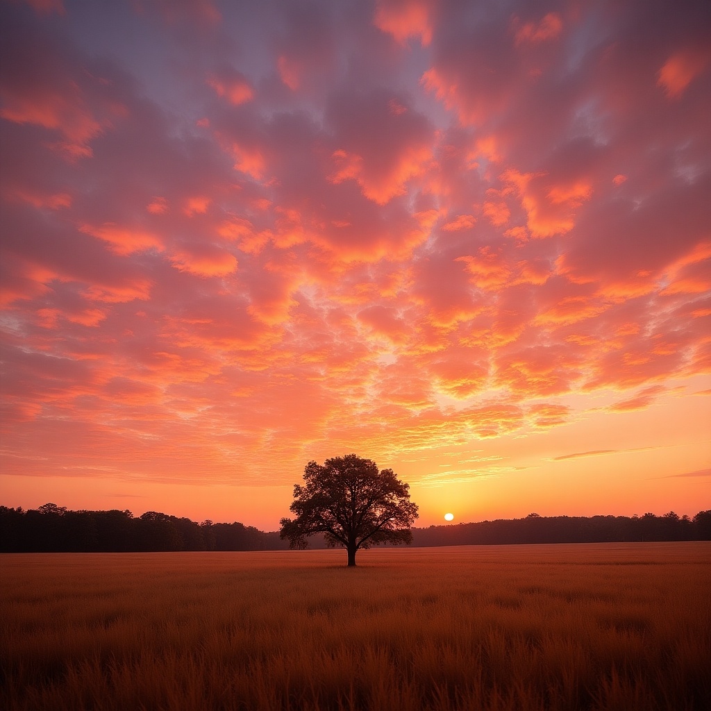 Image depicting a sunset with pink and orange shades. Clouds create texture. Silhouetted trees on the horizon. Central lone tree in a golden field. Balanced lighting for a serene atmosphere.