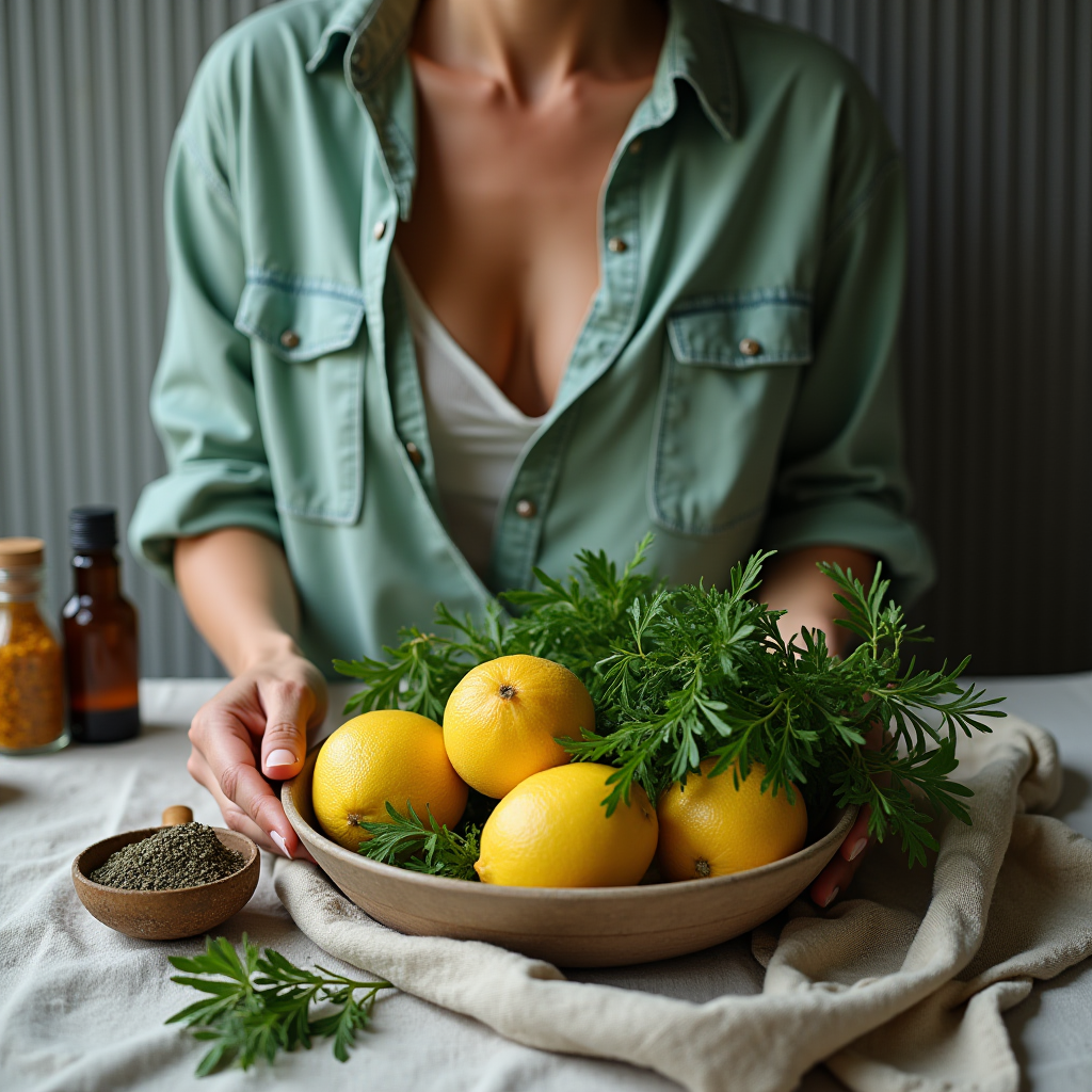 A person holds a bowl of lemons and fresh herbs on a table with spices nearby.