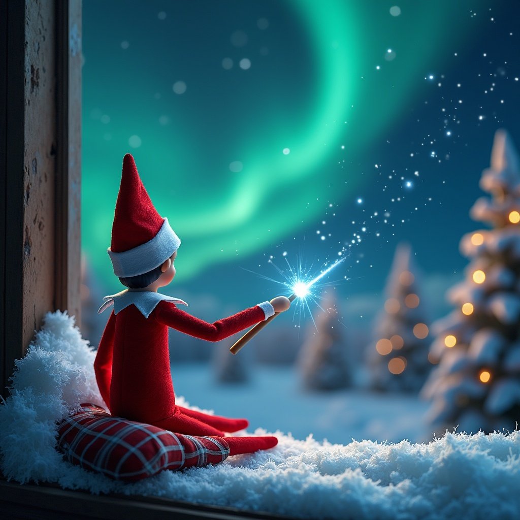 Elf on the shelf sits on a window ledge. Back facing the viewer. Elf uses a magic wand to write in the sky. Magical northern lights illuminate the scene. Christmas decorations surround the elf. Image evokes a festive holiday spirit.