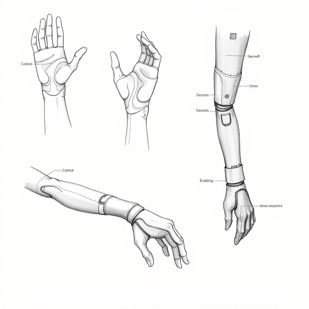 Realistic contemporary sketch of a prosthetic hand design. Showcases multiple views with detailed components and joints. Focus on advanced technology and aesthetics. Labels indicate specific parts. Blend of engineering and artistry. Enhances quality of life for users. Innovative and practical.