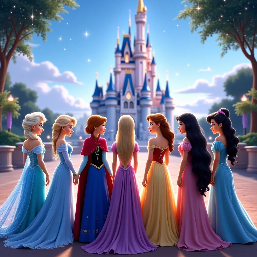 Seven Disney princesses gather in front of a stunning castle. They wear their iconic dresses. The scene is enchanting with sparkles and a magical atmosphere. The background features a large Disney castle.