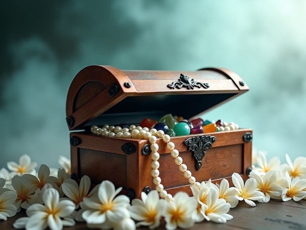 The image depicts a beautifully crafted wooden treasure chest overflowing with colorful gems and pearls. It is set against a soft, dreamy background with hints of teal and white. Surrounding the chest are delicate flowers, enhancing the ornate look of the scene. The chest is slightly ajar, inviting viewers to imagine the treasures within. The lighting is warm and soft, creating a sense of allure and enchantment.