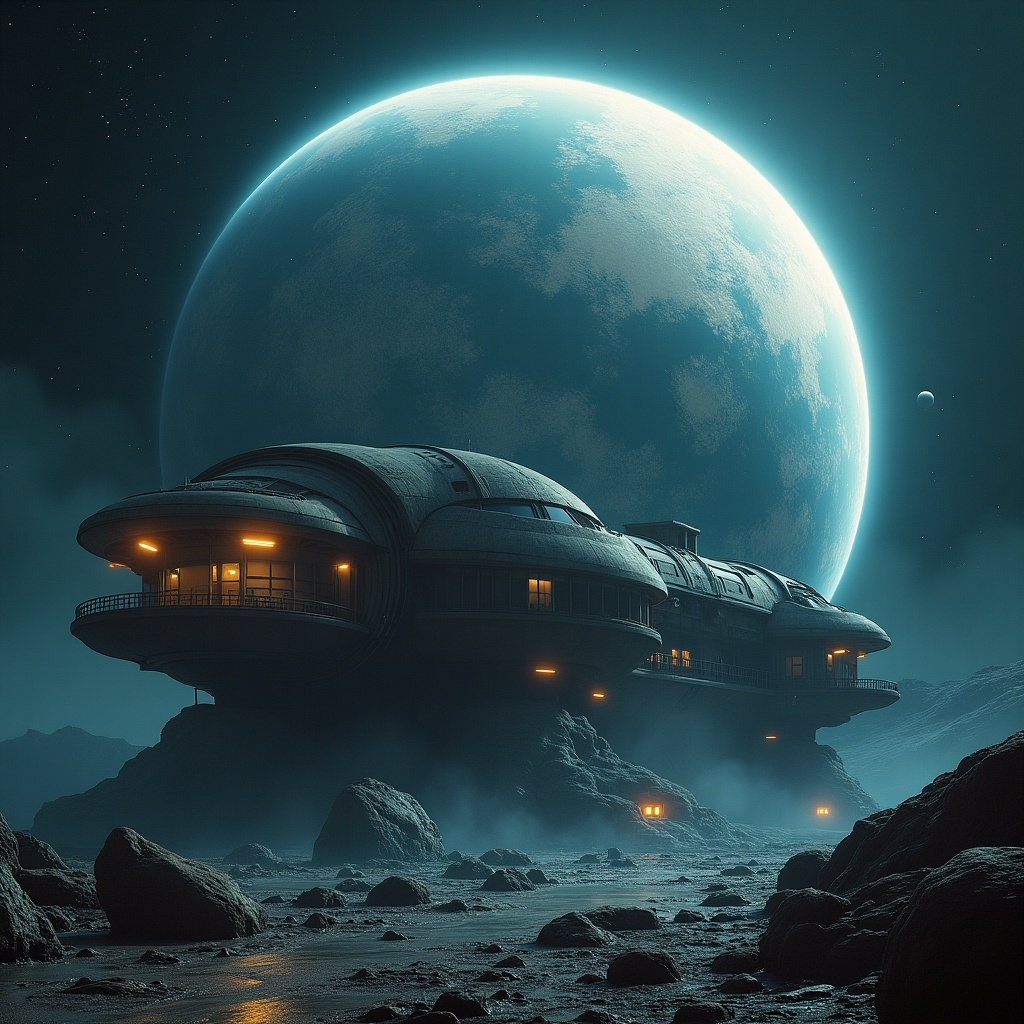 This image features an abandoned space medical base situated on an alien planet. The architecture is sleek and futuristic, resembling a large facility with rounded structures. The setting includes a large, luminous planet looming in the night sky, casting a cool blue glow. The environment around the base is rocky and desolate, contributing to a sense of isolation. Soft lighting from the base’s windows creates contrast against the darkness, enhancing the mysterious atmosphere.