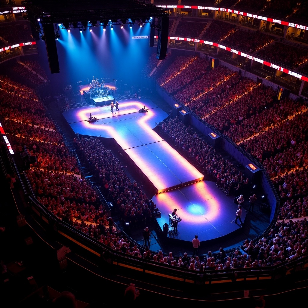 Drone view of a concert stage at Madison Square Garden. T-shaped runway design with bright colored lights. Audience seated in the arena. Large stage setup for a music performance.