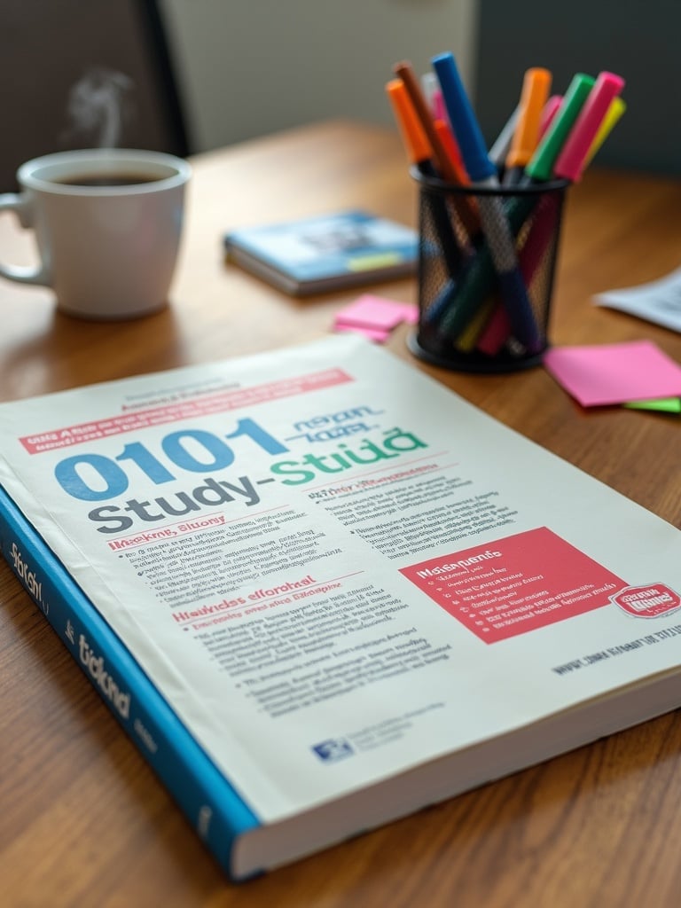 A study guide is placed on a wooden table. Nearby, there is a cup of coffee and colorful markers in a pen holder. There are sticky notes and a small notebook on the table.