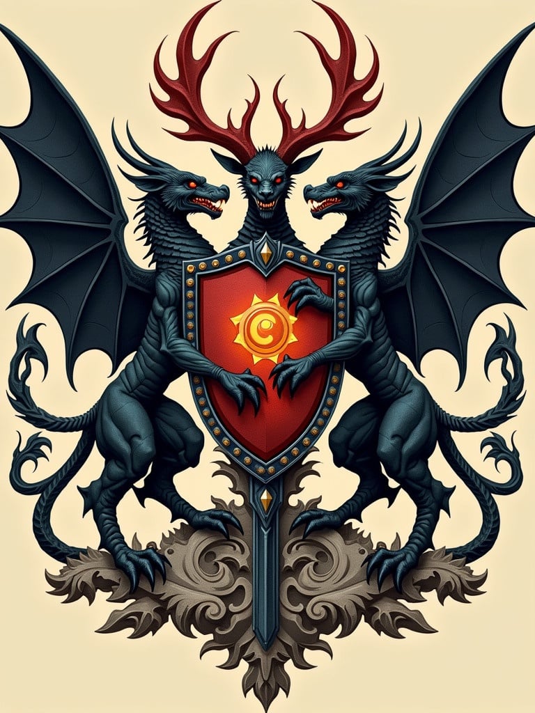 Design a family crest. Incorporate demonic traits. Emphasize trust and togetherness. Symbolize stability. Include dragons and a shield.