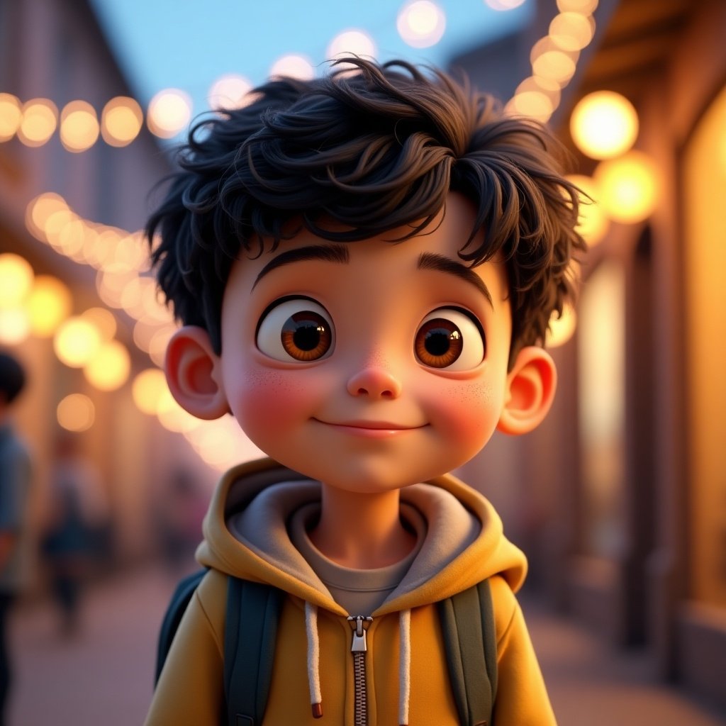 Character features large amber-brown eyes. Dark tousled curls frame face. Light freckles on rosy cheeks. Wears casual hoodie and backpack. Background has twinkling streetlights. Atmosphere is festive and lively.