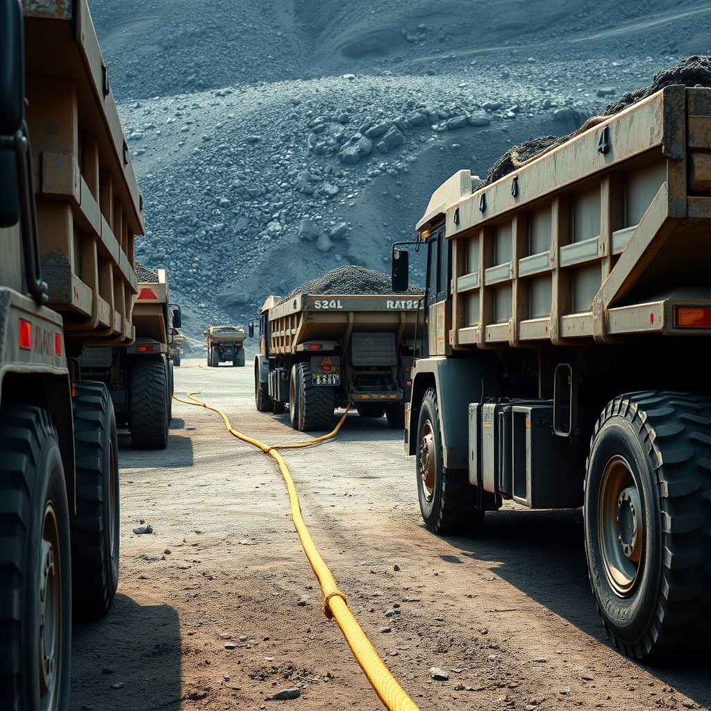 A line of heavy-duty dump trucks positioned in a rugged quarry setting with a long yellow hose running across the dusty ground.