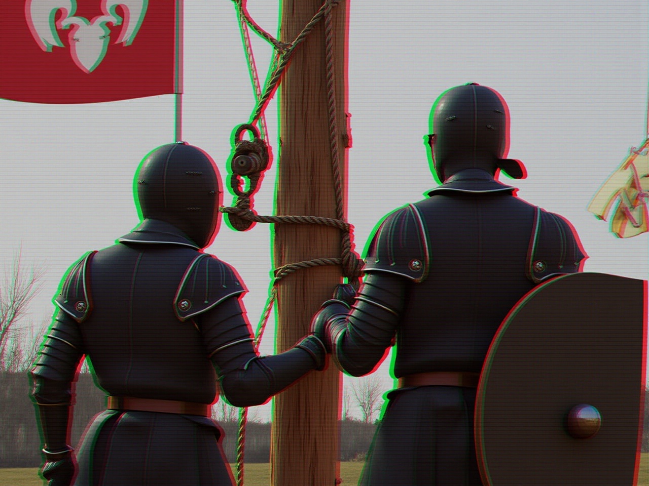 The image depicts two medieval knights standing next to a wooden structure. They are wearing dark armor and holding shields, with one holding a rope that is tied to a pulley system. The background features a tall, rough-textured pole, suggesting a scaffold or some form of construction. The scene is somewhat distorted with colorful horizontal lines, giving it a glitchy appearance. Flags with various symbols are visible, fluttering in the air, contributing to the medieval atmosphere. The overall setting looks historical, possibly indicating a moment of preparation for an event.