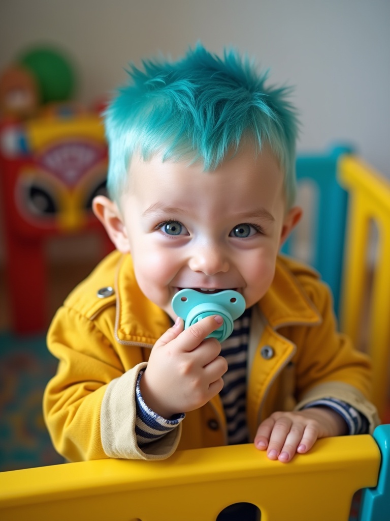 Seven year old British boy with short blue hair wearing a yellow denim jacket. Smiling in a playpen. Playing with a pacifier. Appears cheerful and playful.