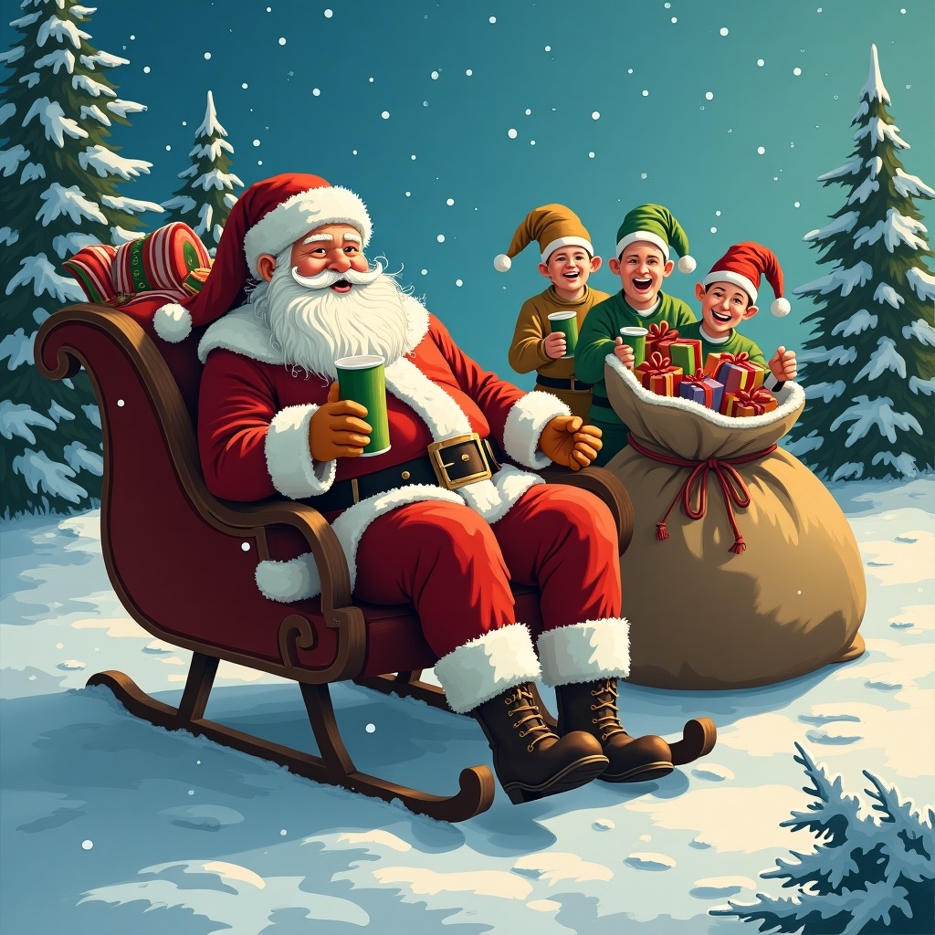 Santa Claus sits in a sleigh with a joyful expression. Elves hold a bag filled with presents. Snow falls gently around them.