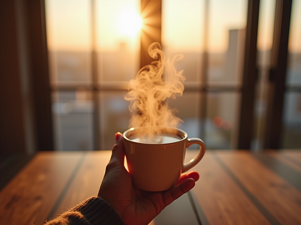 A hand holding a steaming cup of coffee in front of sunlit windows during sunrise, casting a warm, golden glow.