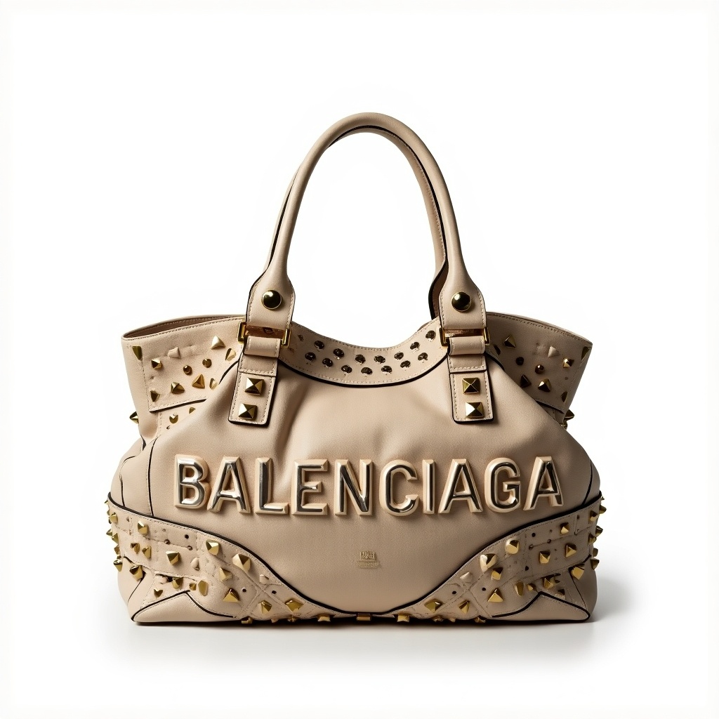 The image features a luxurious oversized handbag designed by Balenciaga, showcasing a unique embossed pattern. The bag is primarily beige with futuristic 4D elements that include studded embellishments. The design is eye-catching, incorporating gold accents and sandy glittering fabric. The overall aesthetic is modern and chic, perfect for high-fashion contexts. The handbag is set against a clean white background to emphasize its striking features.