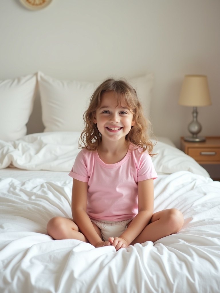 A girl sitting on a bed. She wears a diaper and pink t-shirt. She is positioned on white bed sheets. The room has a soft atmosphere. Lighting is natural and gentle. The girl is smiling.