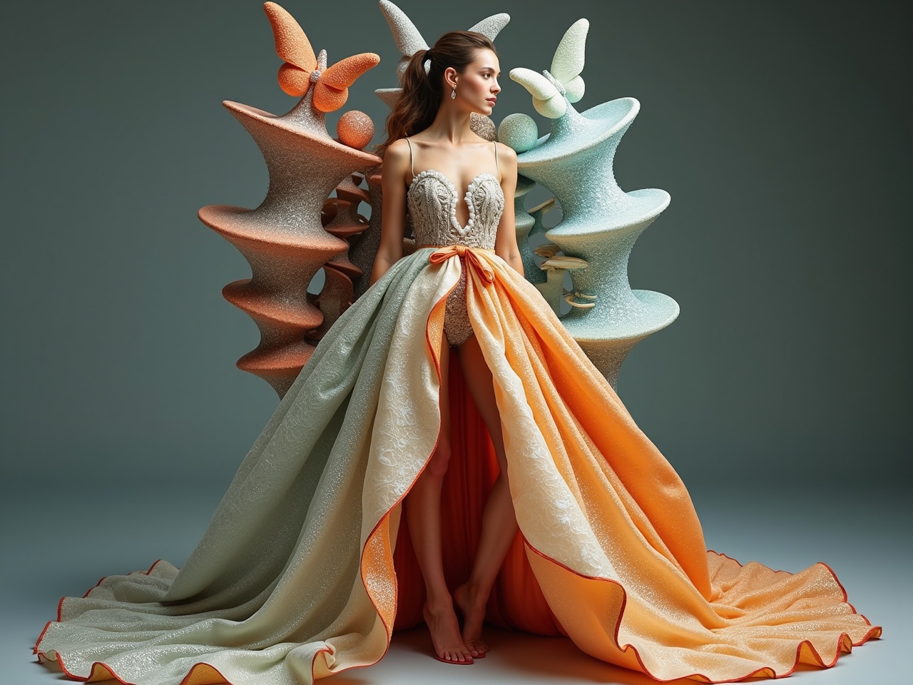 This image showcases a stunning high-fashion gown inspired by avant-garde and surrealism art. The model stands gracefully, enveloped in a gown that features a blend of structured and flowing elements. Behind her are sculptural forms resembling twisted hourglasses and organic shapes, adding an otherworldly touch. The gown’s fabric transitions from soft orange to mint green, creating a dream-like ombre effect. Rich textures, such as velvet and satin, mingle with airy tulle to evoke movement and ethereality.