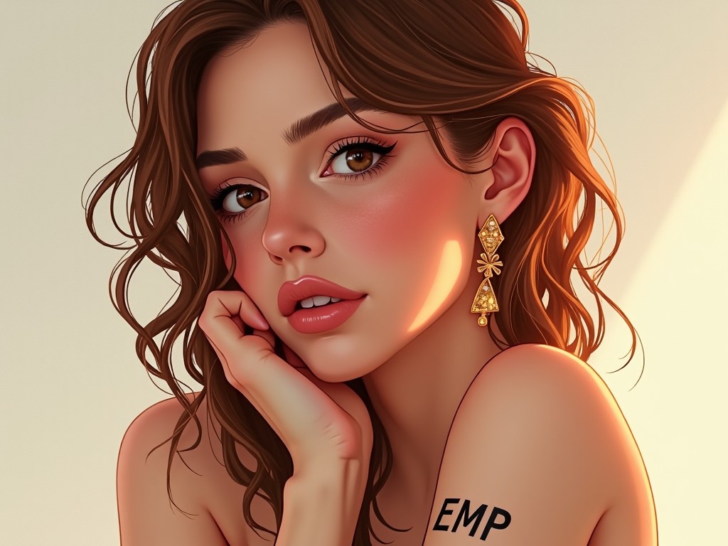 A digitally illustrated portrait of a woman with wavy brown hair, wearing golden earrings, looking pensively at the viewer, and resting her chin on her hand. The image has warm lighting, emphasizing her flushed cheeks and soft expression.