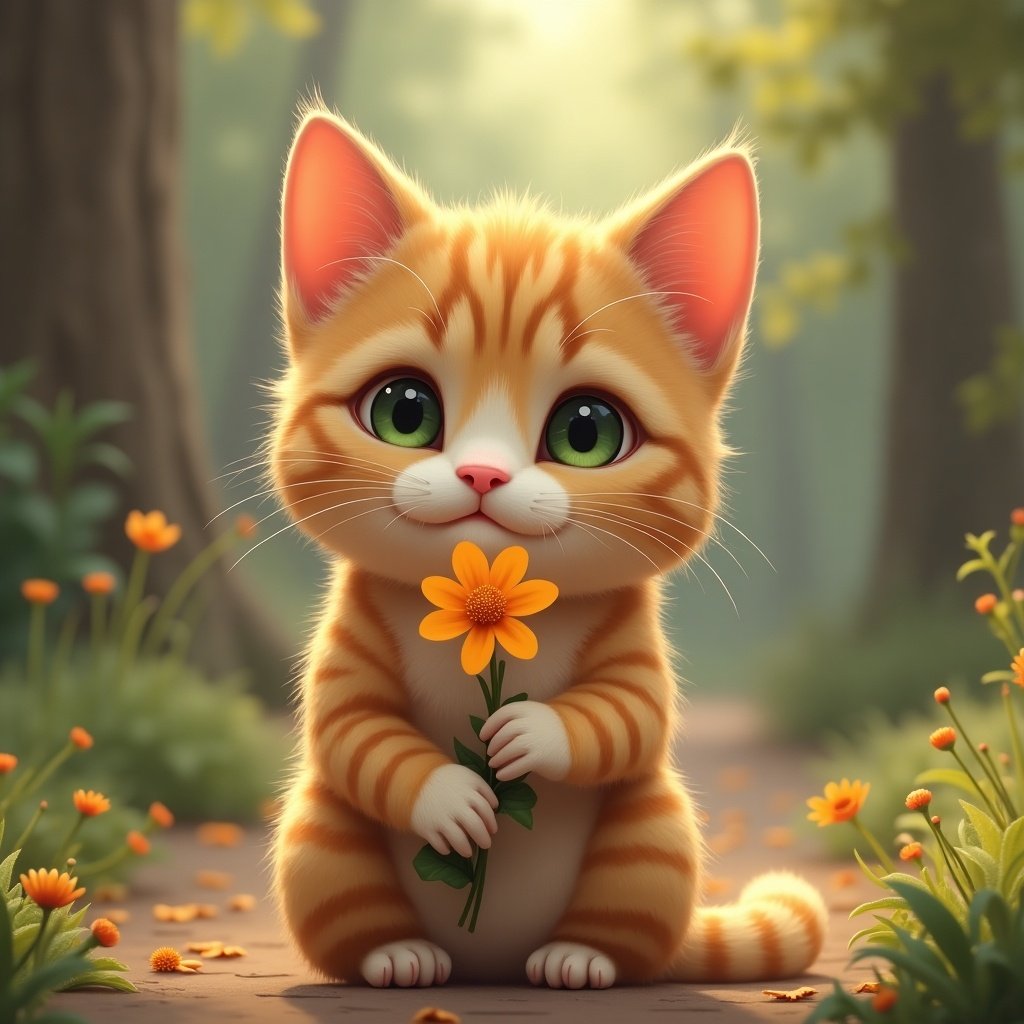 Cute cat holds a flower in a forest. Style reminiscent of PS2 games. Captivating yet playful atmosphere.