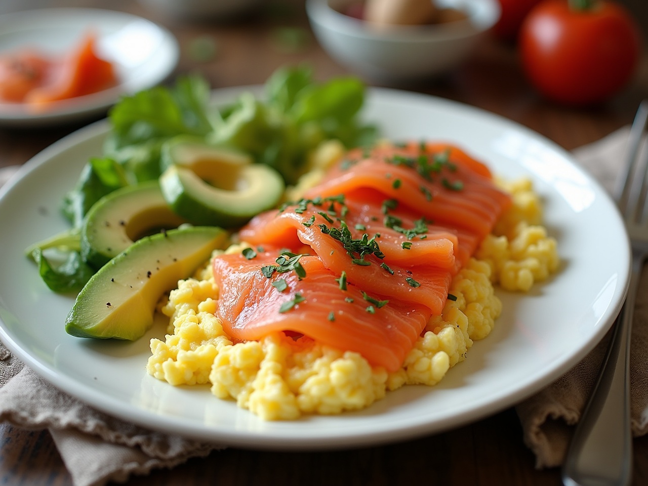 This image showcases a beautifully plated dish featuring scrambled eggs topped with delicate slices of smoked salmon. Accompanying the main dish are fresh avocado slices and a side of vibrant salad greens. The dish is arranged on a white plate, emphasizing the bright colors of the ingredients. The background includes additional food items, adding to the cozy ambiance. The presentation looks appetizing and inviting, making it perfect for a brunch setting.