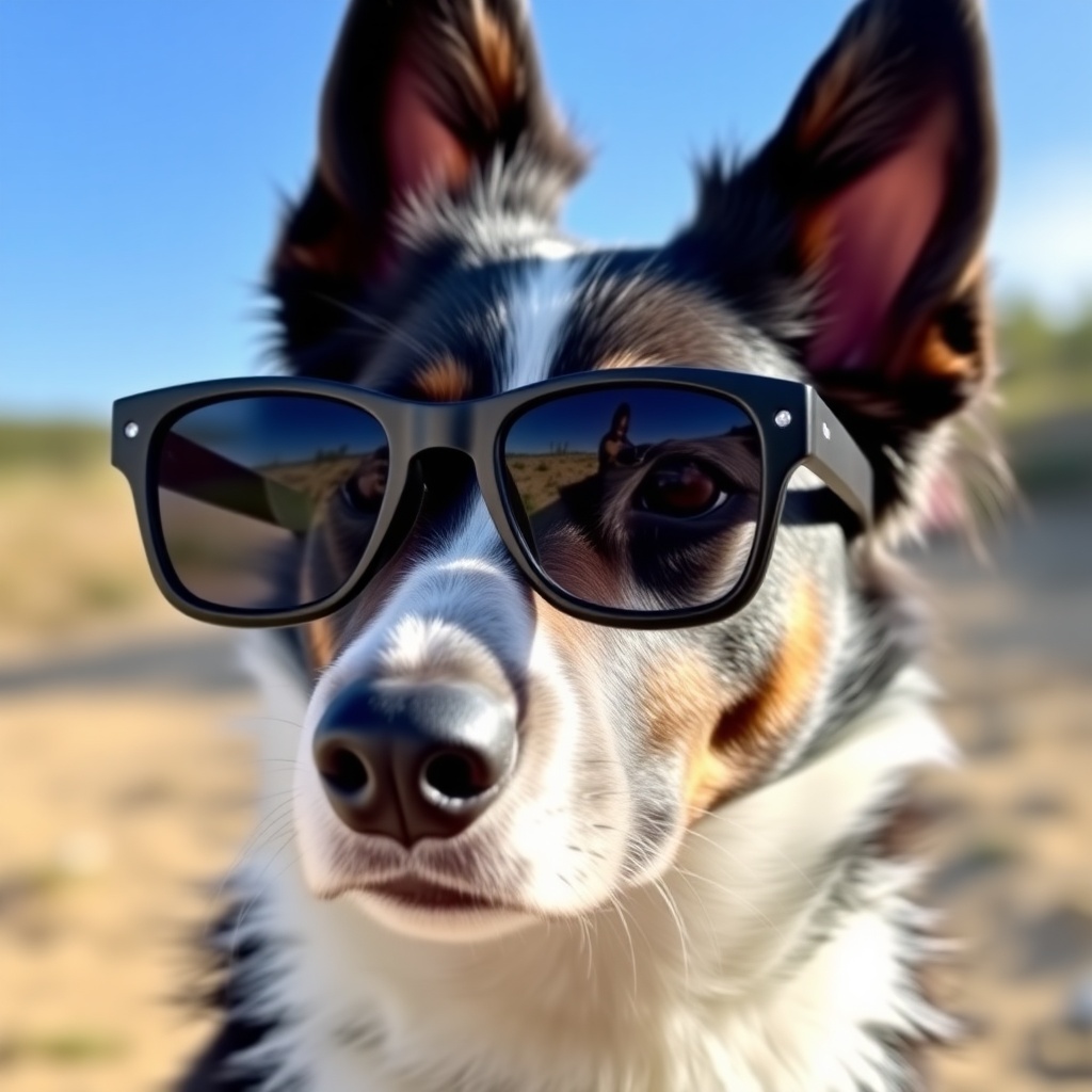 A dog wearing sunglasses with a beach background