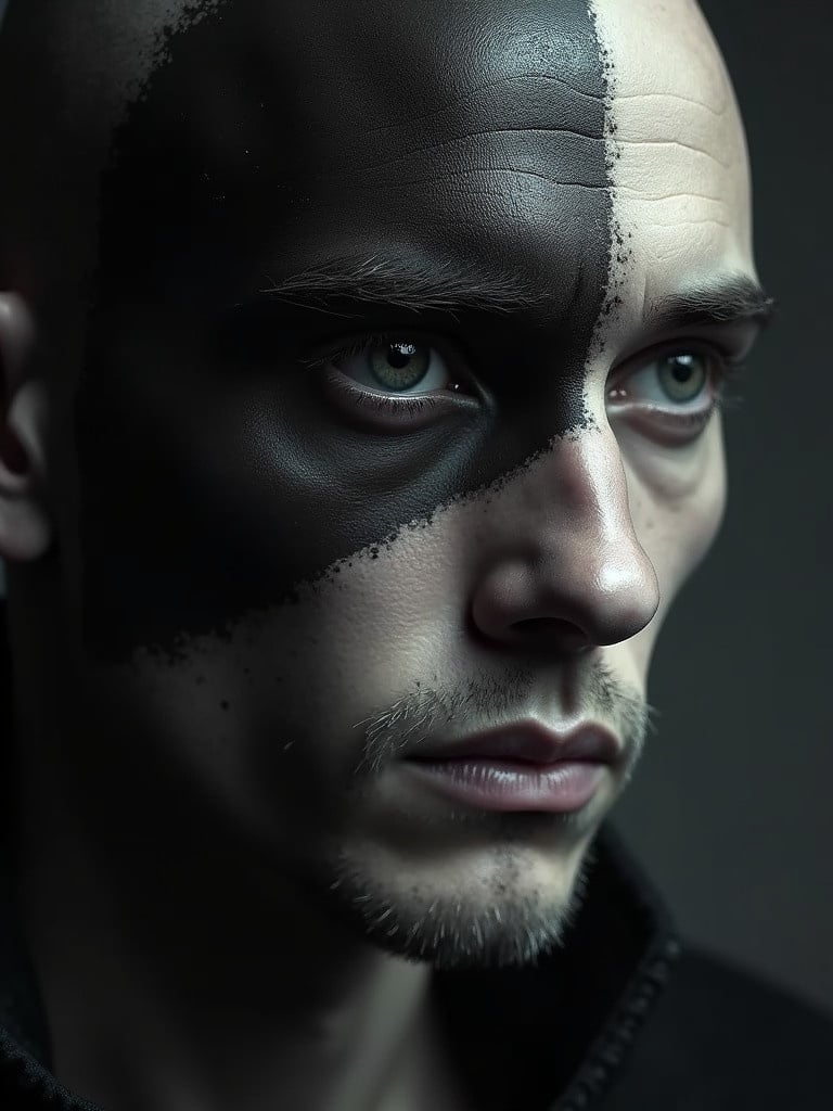 Image of a sigma male with artistic black shadow effects on the face. Image focuses on the upper body with abstract artistic elements. The background is dimly lit to enhance a moody atmosphere.