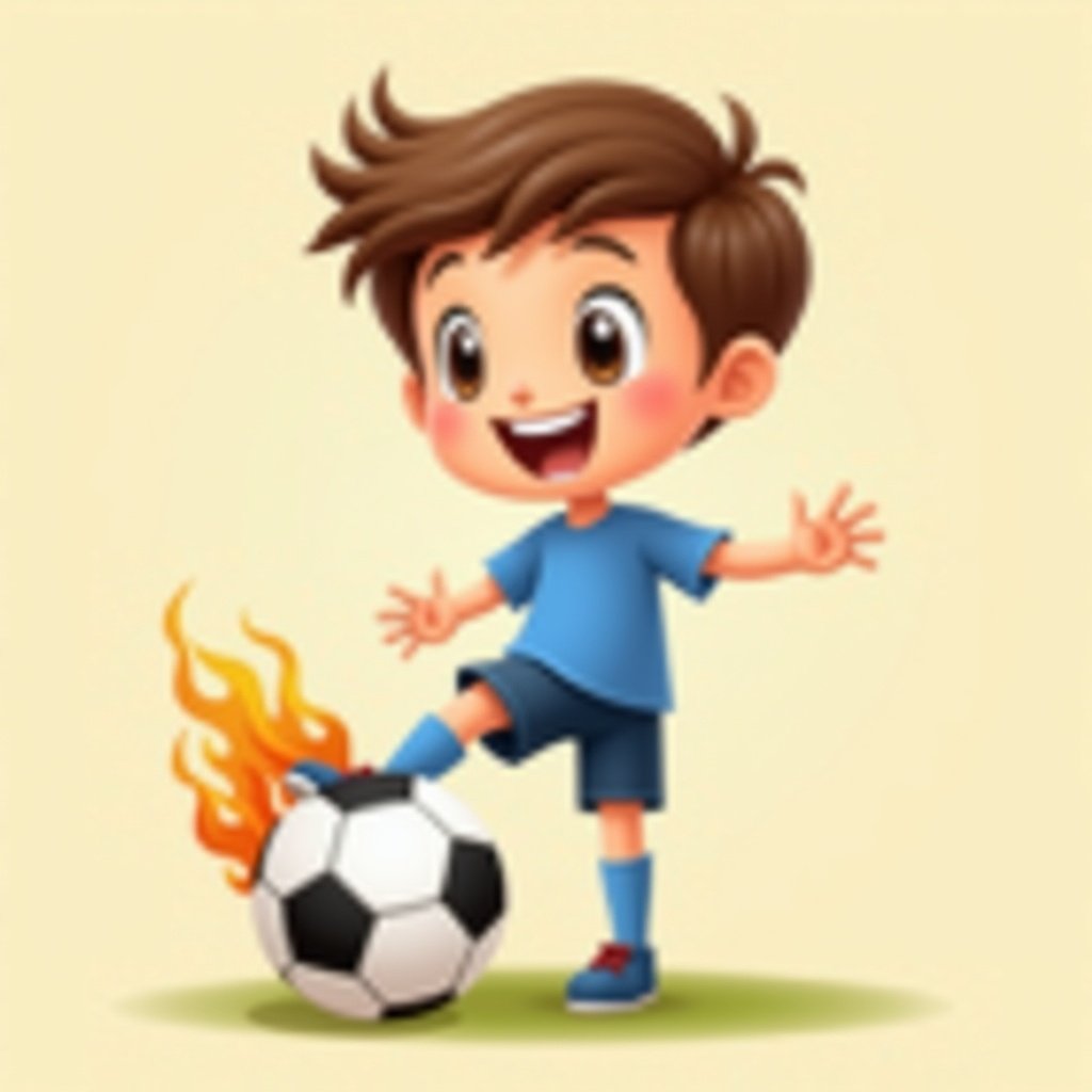 Cartoon character of a boy with a soccer ball under his foot. Character shows enthusiasm with a smile. The soccer ball has flames. Light beige background. Playful football theme emphasized.