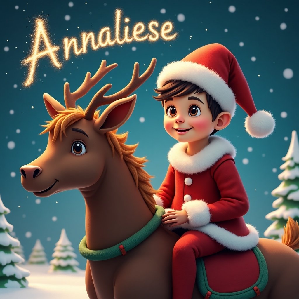 Festive image features an elf and a reindeer. A boy in a red festive outfit sits on the reindeer. Name Annaliese is in the sky with sparkles.