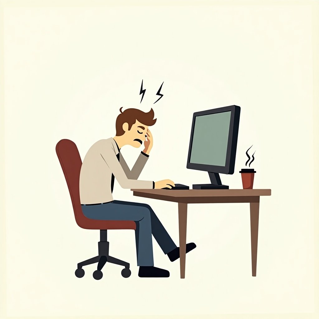 Stick figure illustration of a man appearing stressed while sitting at a computer. A cup of coffee sits on the table. He appears tired and frustrated.