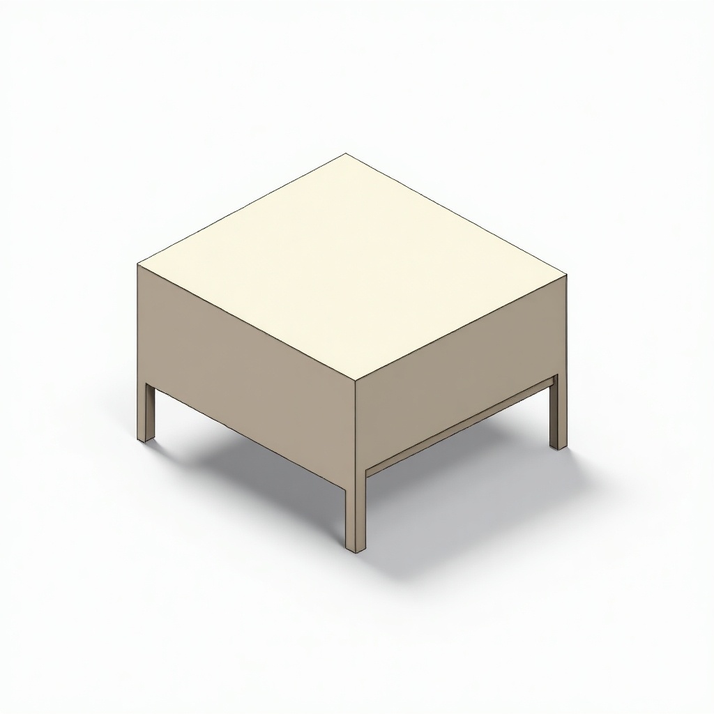 The image depicts a simple, modern square table that doubles as a storage unit. It features a clean, minimalist design with a flat top and four slightly tapered legs. The color scheme is neutral, with a beige base and a light-colored top. This type of table is perfect for small spaces, providing functionality without sacrificing style. The orthographic and isometric views highlight the table's dimensions and storage capabilities, making it an ideal illustration for design purposes.