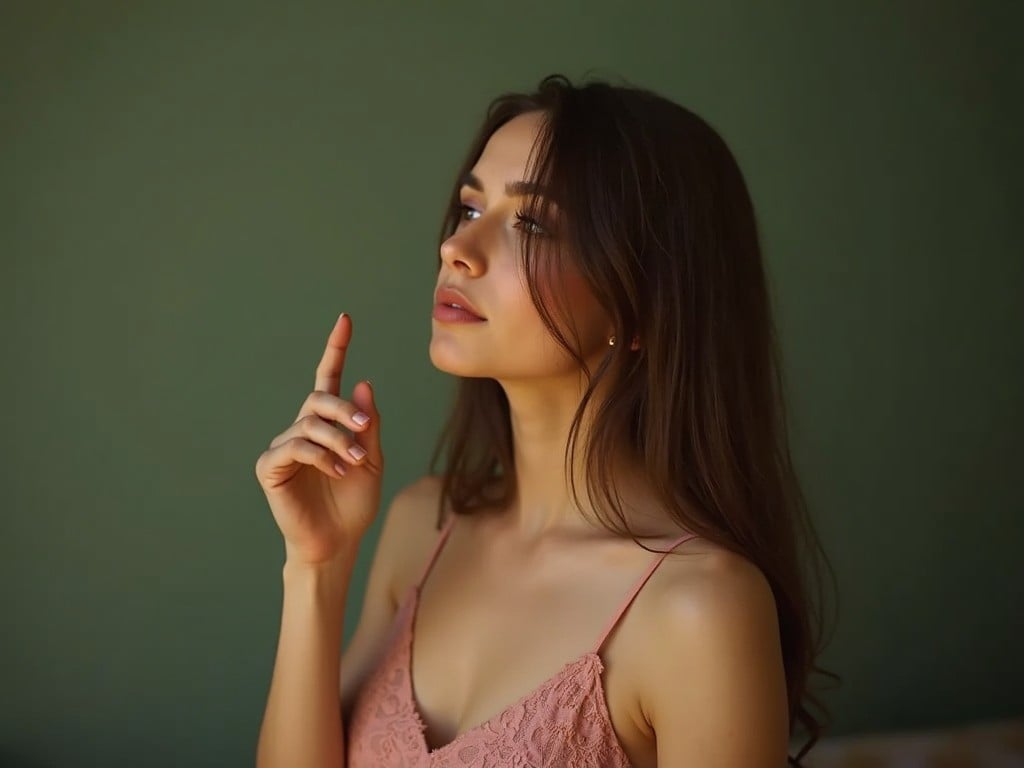 This image features a young woman in a soft peach dress with delicate lace details. She has long, flowing hair and is softly lit against a muted green wall. The model holds her finger to her lips, creating a thoughtful or contemplative expression. The lighting is natural, enhancing her features in a gentle manner. The overall mood is serene and reflective, ideal for fashion or beauty content.